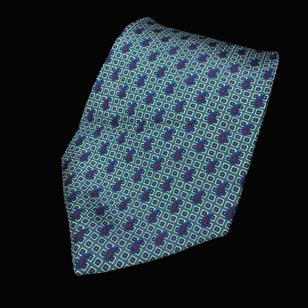Tommy Hilfiger Mens Green Paisley Geometric 100% Italian Silk Necktie Tie